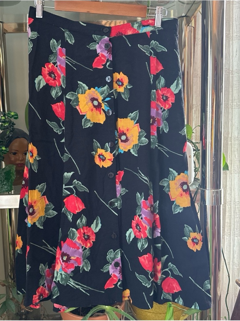 Vintage Black Floral Button-Front Skirt - Yellow & Red Flower Print